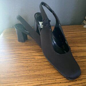 JAZZ Women Black satin heeled slingback square toe pumps sz 10 N